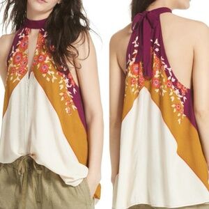 Free People Cream, Mustard & Plum Floral Halter Tank